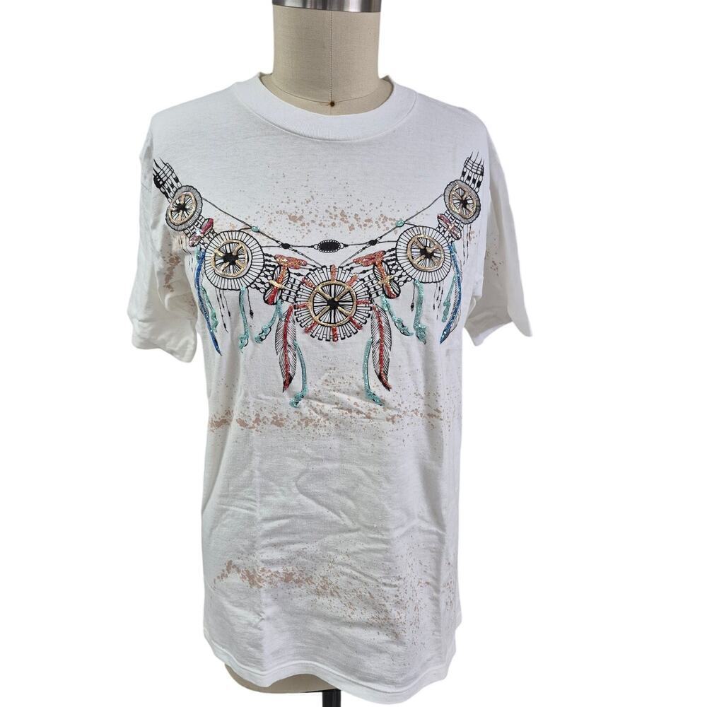 Vtg 80s 90s Roger's Originals White T-shirt Single Stitch Puffy Tribal Indian  L